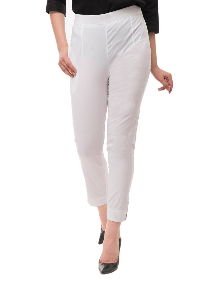 Women's White Cotton Blend Solid Mid Rise Skinny Fit Jeggings