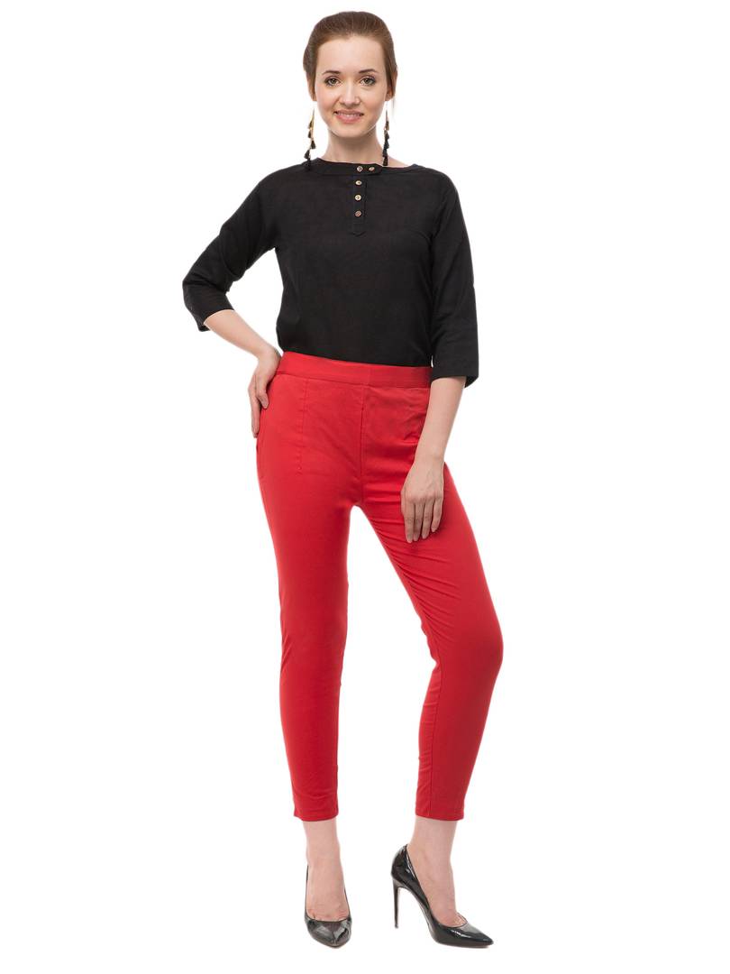 Women's Red Cotton Blend Solid Mid Rise Skinny Fit Jeggings