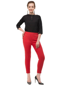 Women's Red Cotton Blend Solid Mid Rise Skinny Fit Jeggings