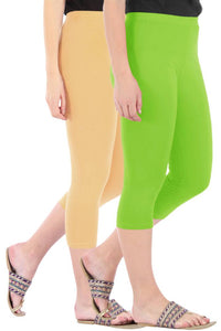 Combo Pack Of 2 Skinny Fit 3/4 Capris Leggings For Women Dark Skin Merin Green