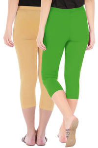 Combo Pack Of 2 Skinny Fit 3/4 Capris Leggings For Women Dark Skin Parrot Green