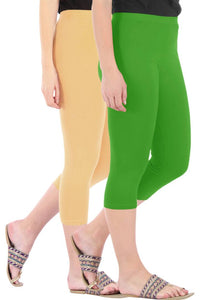 Combo Pack Of 2 Skinny Fit 3/4 Capris Leggings For Women Dark Skin Parrot Green