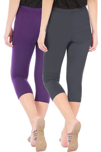 Combo Pack Of 2 Skinny Fit 3/4 Capris Leggings For Women Purple Grey