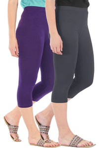 Combo Pack Of 2 Skinny Fit 3/4 Capris Leggings For Women Purple Grey