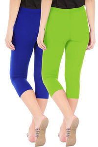 Combo Pack Of 2 Skinny Fit 3/4 Capris Leggings For Women Royal Blue Merin Green
