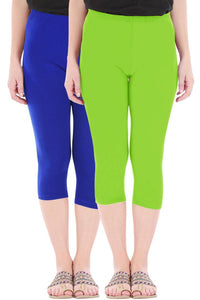 Combo Pack Of 2 Skinny Fit 3/4 Capris Leggings For Women Royal Blue Merin Green