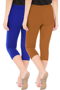 Combo Pack Of 2 Skinny Fit 3/4 Capris Leggings For Women Royal Blue Khaki