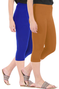 Combo Pack Of 2 Skinny Fit 3/4 Capris Leggings For Women Royal Blue Khaki