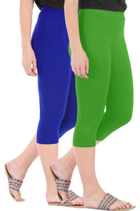 Combo Pack Of 2 Skinny Fit 3/4 Capris Leggings For Women Royal Blue Parrot Green