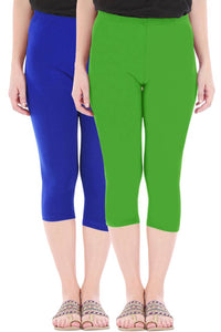 Combo Pack Of 2 Skinny Fit 3/4 Capris Leggings For Women Royal Blue Parrot Green