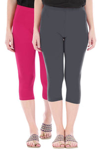 Alluring Combo Pack of 2 Skinny Fit 3/4 Capris Leggings for Women  Rani Pink Grey