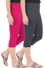 Load image into Gallery viewer, Alluring Combo Pack of 2 Skinny Fit 3/4 Capris Leggings for Women  Rani Pink Grey.Perfect for active women, Yoga, Fitness, Gym, Walking, Exercise, Workout, Jogging, boxing learners etc.&#39;