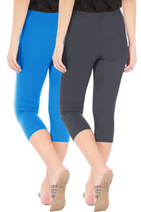 Alluring Combo Pack of 2 Skinny Fit 3/4 Capris Leggings for Women  Turquoise Grey