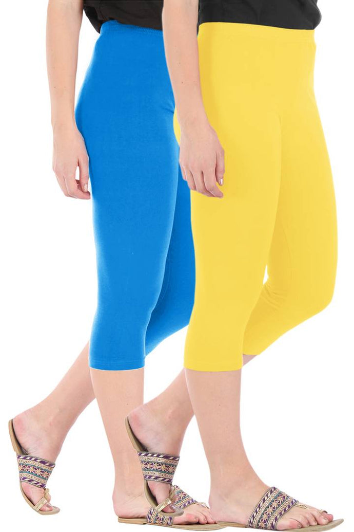 Alluring Combo Pack of 2 Skinny Fit 3/4 Capris Leggings for Women  Turquoise Lemon Yellow. Perfect for active women, Yoga, Fitness, Gym, Walking, Exercise, Workout, Jogging, boxing learners etc.'