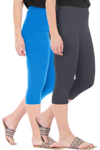 Alluring Combo Pack of 2 Skinny Fit 3/4 Capris Leggings for Women  Turquoise Grey.Perfect for active women, Yoga, Fitness, Gym, Walking, Exercise, Workout, Jogging, boxing learners etc.'