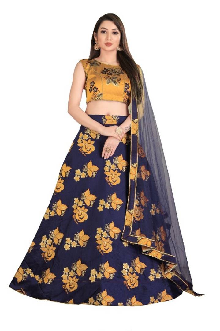 Elegant Golden Printed Semi Stitched Women Lehenga And Unstitched Blouse with Dupatta