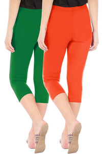 Stylish Cotton Blend Green & Orange Solid Skinny Fit 3/4 Capris Leggings For Women ( Pack Of 2 )