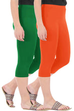 Load image into Gallery viewer, Stylish Cotton Blend Green &amp; Orange Solid Skinny Fit 3/4 Capris Leggings For Women ( Pack Of 2 )