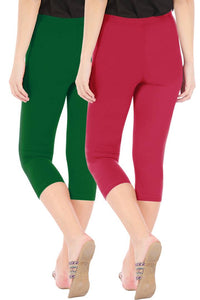 Stylish Cotton Blend Green & Pink Solid Skinny Fit 3/4 Capris Leggings For Women ( Pack Of 2 )