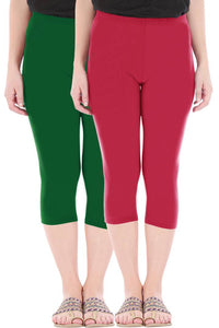 Stylish Cotton Blend Green & Pink Solid Skinny Fit 3/4 Capris Leggings For Women ( Pack Of 2 )