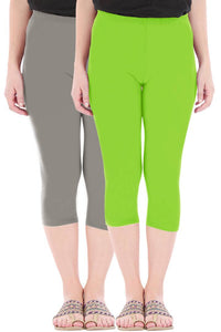 Stylish Cotton Blend Grey & Green Solid Skinny Fit 3/4 Capris Leggings for Women ( Pack Of 2 )