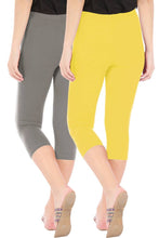 Load image into Gallery viewer, Stylish Cotton Blend Grey &amp; Yellow Solid Skinny Fit 3/4 Capris Leggings for Women ( Pack Of 2 )