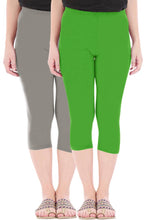 Load image into Gallery viewer, Stylish Cotton Blend Grey &amp; Green Solid Skinny Fit 3/4 Capris Leggings for Women ( Pack Of 2 )