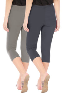 Stylish Cotton Blend Grey & Dark Grey Solid Skinny Fit 3/4 Capris Leggings for Women ( Pack Of 2 )