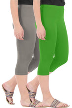 Load image into Gallery viewer, Stylish Cotton Blend Grey &amp; Green Solid Skinny Fit 3/4 Capris Leggings for Women ( Pack Of 2 )