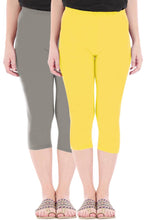 Load image into Gallery viewer, Stylish Cotton Blend Grey &amp; Yellow Solid Skinny Fit 3/4 Capris Leggings for Women ( Pack Of 2 )