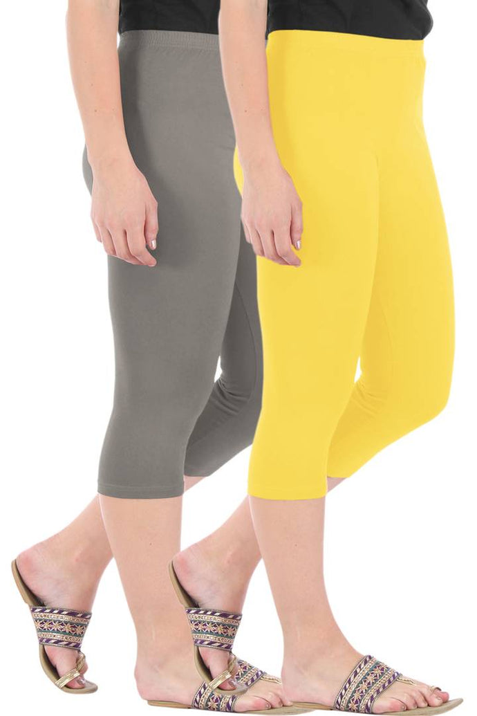 Stylish Cotton Blend Grey & Yellow Solid Skinny Fit 3/4 Capris Leggings for Women ( Pack Of 2 )