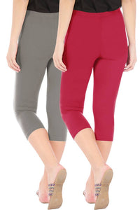 Stylish Cotton Blend Grey & Maroon Solid Skinny Fit 3/4 Capris Leggings for Women ( Pack Of 2 )
