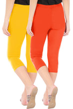 Load image into Gallery viewer, Stylish Cotton Blend Yellow &amp; Orange Solid Skinny Fit 3/4 Capris Leggings for Women ( Pack Of 2 )