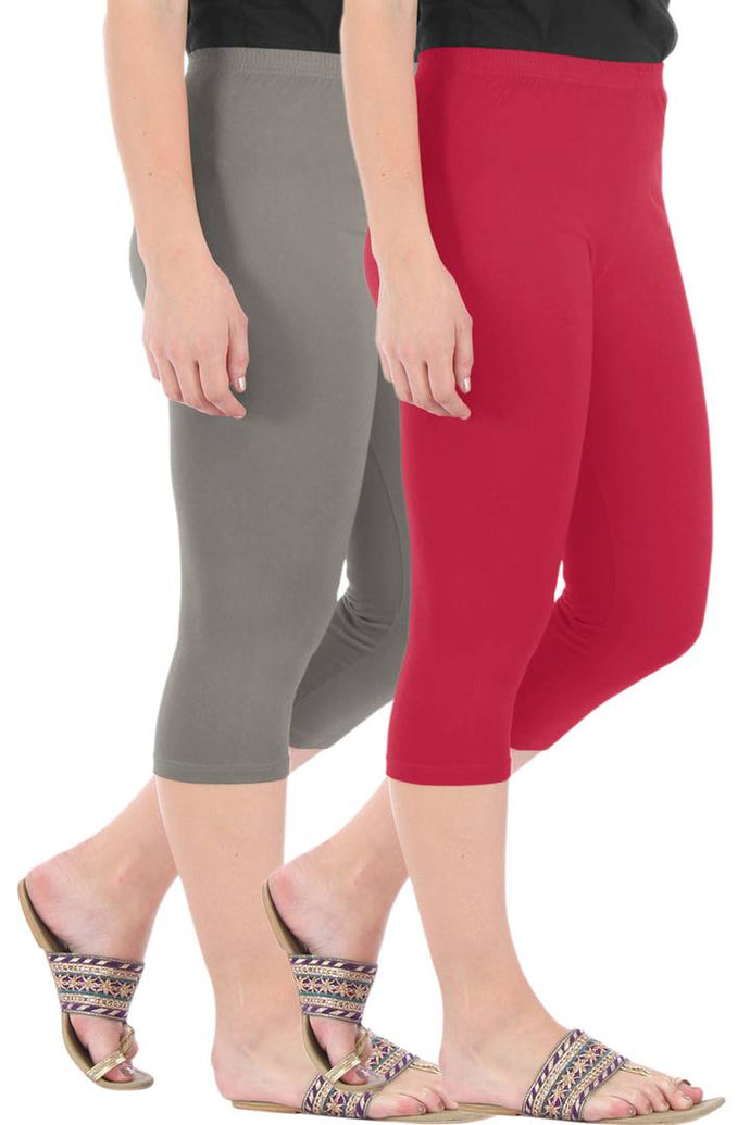 Stylish Cotton Blend Grey & Maroon Solid Skinny Fit 3/4 Capris Leggings for Women ( Pack Of 2 )