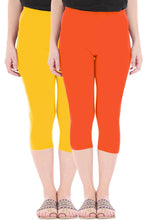 Load image into Gallery viewer, Stylish Cotton Blend Yellow &amp; Orange Solid Skinny Fit 3/4 Capris Leggings for Women ( Pack Of 2 )