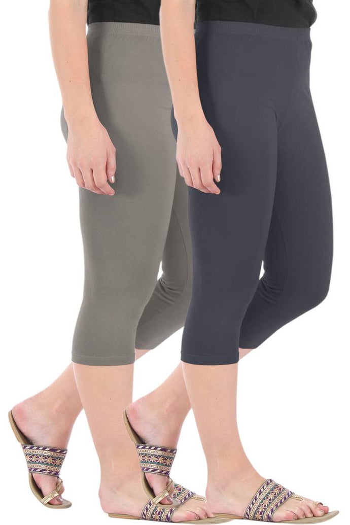 Stylish Cotton Blend Grey & Dark Grey Solid Skinny Fit 3/4 Capris Leggings for Women ( Pack Of 2 )