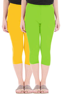 Stylish Cotton Blend Yellow & Green Solid Skinny Fit 3/4 Capris Leggings for Women ( Pack Of 2 )
