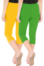 Load image into Gallery viewer, Stylish Cotton Blend Yellow &amp; Green Solid Skinny Fit 3/4 Capris Leggings for Women ( Pack Of 2 )
