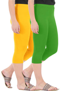 Stylish Cotton Blend Yellow & Green Solid Skinny Fit 3/4 Capris Leggings for Women ( Pack Of 2 )