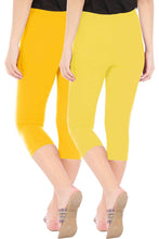 Load image into Gallery viewer, Stylish Cotton Blend Yellow &amp; Light Yellow Solid Skinny Fit 3/4 Capris Leggings for Women ( Pack Of 2 )