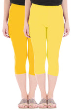Load image into Gallery viewer, Stylish Cotton Blend Yellow &amp; Light Yellow Solid Skinny Fit 3/4 Capris Leggings for Women ( Pack Of 2 )