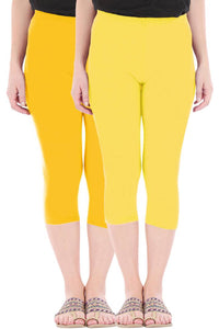 Stylish Cotton Blend Yellow & Light Yellow Solid Skinny Fit 3/4 Capris Leggings for Women ( Pack Of 2 )