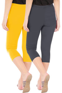 Stylish Cotton Blend Yellow & Grey Solid Skinny Fit 3/4 Capris Leggings for Women ( Pack Of 2 )