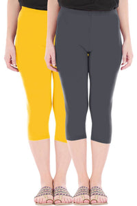 Stylish Cotton Blend Yellow & Grey Solid Skinny Fit 3/4 Capris Leggings for Women ( Pack Of 2 )