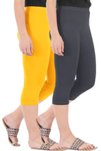 Load image into Gallery viewer, Stylish Cotton Blend Yellow &amp; Grey Solid Skinny Fit 3/4 Capris Leggings for Women ( Pack Of 2 )