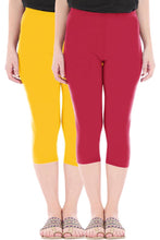Load image into Gallery viewer, Stylish Cotton Blend Yellow &amp; Maroon Solid Skinny Fit 3/4 Capris Leggings for Women ( Pack Of 2 )