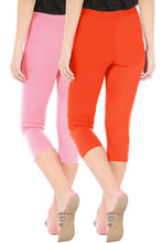 Load image into Gallery viewer, Stylish Cotton Blend Pink &amp; Orange Solid Skinny Fit 3/4 Capris Leggings for Women ( Pack Of 2 )