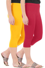 Load image into Gallery viewer, Stylish Cotton Blend Yellow &amp; Maroon Solid Skinny Fit 3/4 Capris Leggings for Women ( Pack Of 2 )