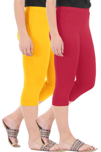 Stylish Cotton Blend Yellow & Maroon Solid Skinny Fit 3/4 Capris Leggings for Women ( Pack Of 2 )