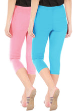 Load image into Gallery viewer, Stylish Cotton Blend Pink &amp; Turquoise Solid Skinny Fit 3/4 Capris Leggings for Women ( Pack Of 2 )